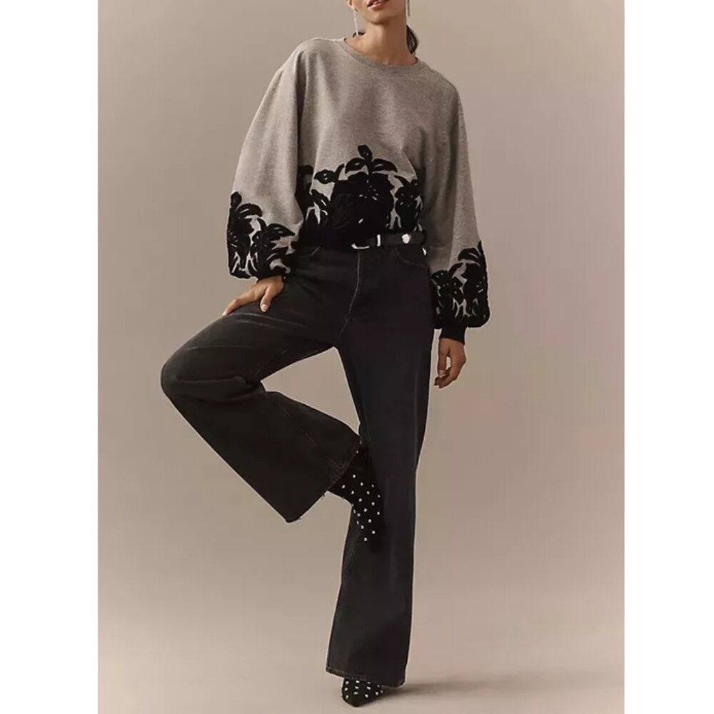 Anthropologie Velvet Embroidered Floral Applique Sweatshirt Top Grey S - Picture 4 of 13